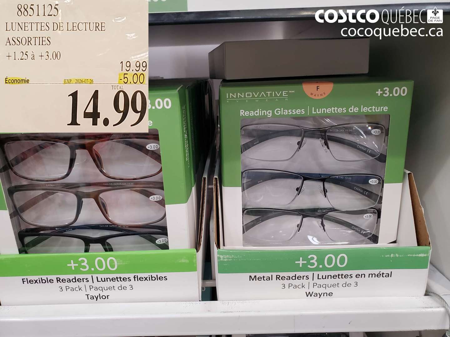 8851125 LUNETTES DE LECTURE ASSORTIES +1.25 A +3.00 ($5.00 INSTANT SAVINGS EXPIRES ON 2026-07-26) $14.99