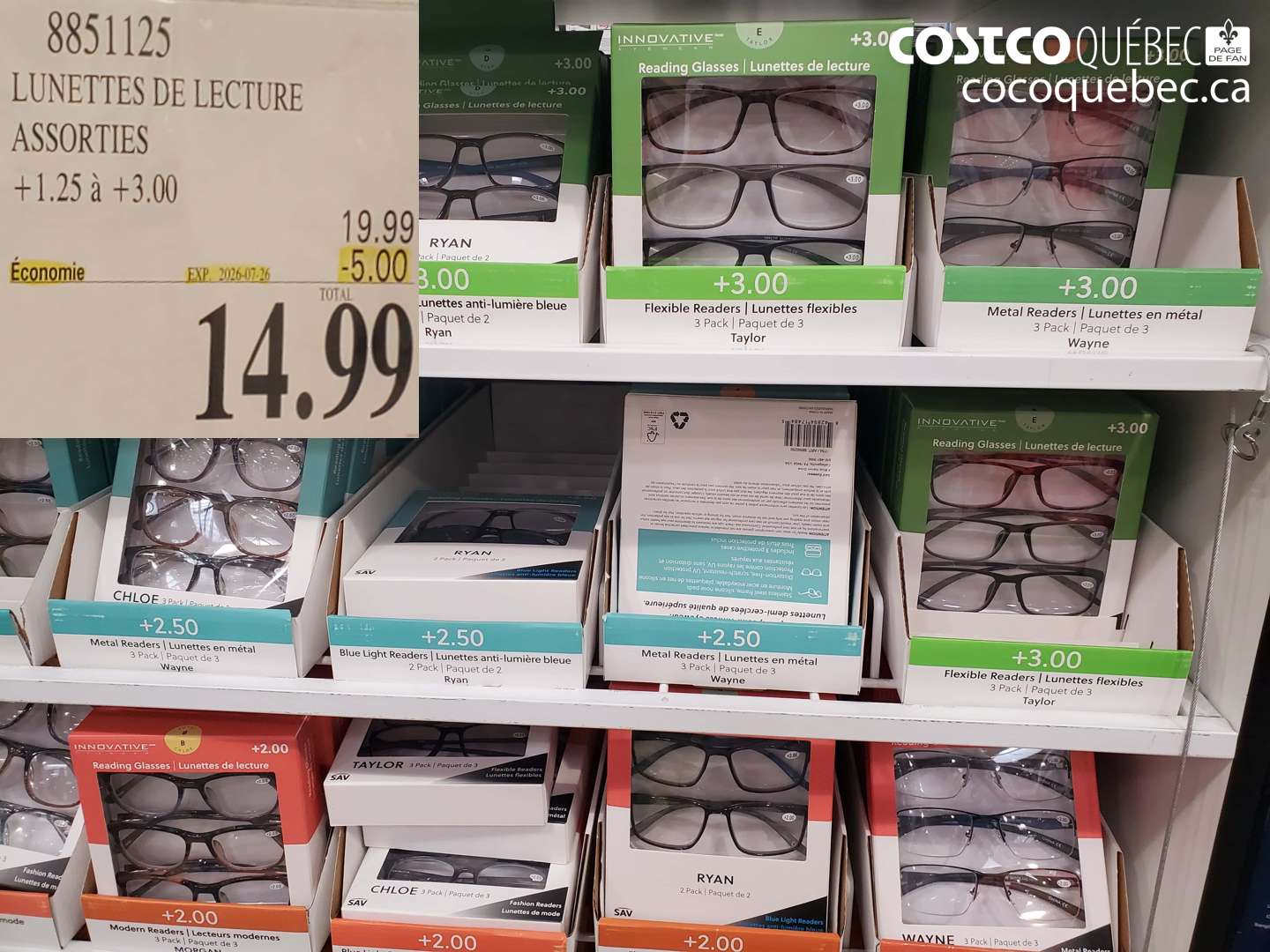 8851125 LUNETTES DE LECTURE ASSORTIES +1.25 À +3.00 ($5.00 INSTANT SAVINGS EXPIRES ON 2026-07-26) $14.99