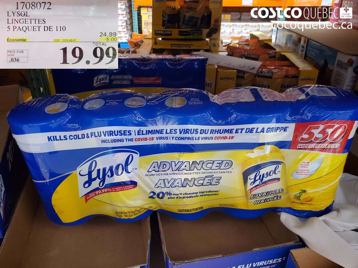 1708072 LYSOL LINGETTES 5 PAQUET DE 110 ($5.00 INSTANT SAVINGS EXPIRES ON 2026-08-02) $19.99