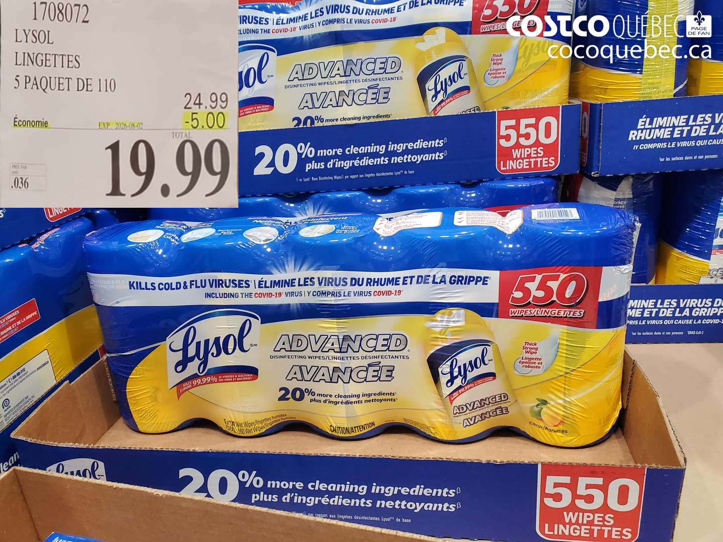 1708072 LYSOL LINGETTES 5 PAQUET DE 110 ($5.00 INSTANT SAVINGS EXPIRES ON 2026-08-02) $19.99