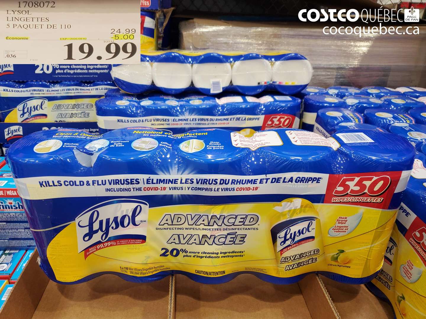 1708072 LYSOL LINGETTES 5 PAQUET DE 110 ($5.00 INSTANT SAVINGS EXPIRES ON 2026-08-02) $19.99