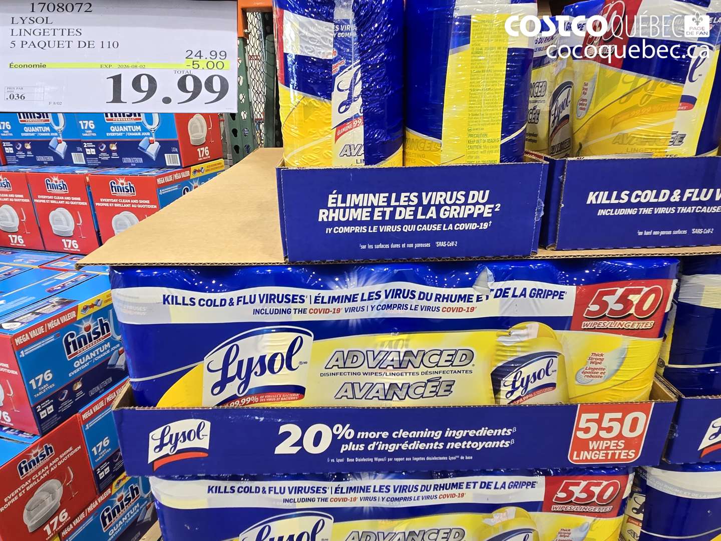 1708072 LYSOL LINGETTES 5 PAQUET DE 110 ($5.00 INSTANT SAVINGS EXPIRES ON 2026-08-02) $19.99