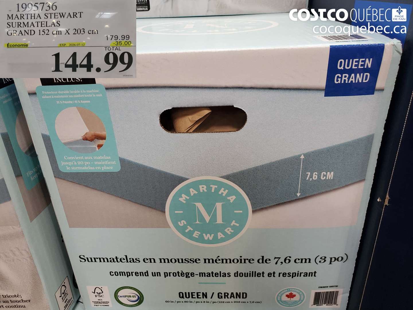1995736 MARTHA STEWART SURMATELAS GRAND 152 CM X 203 CM ($35.00 INSTANT SAVINGS EXPIRES ON 2026-07-12) $144.99