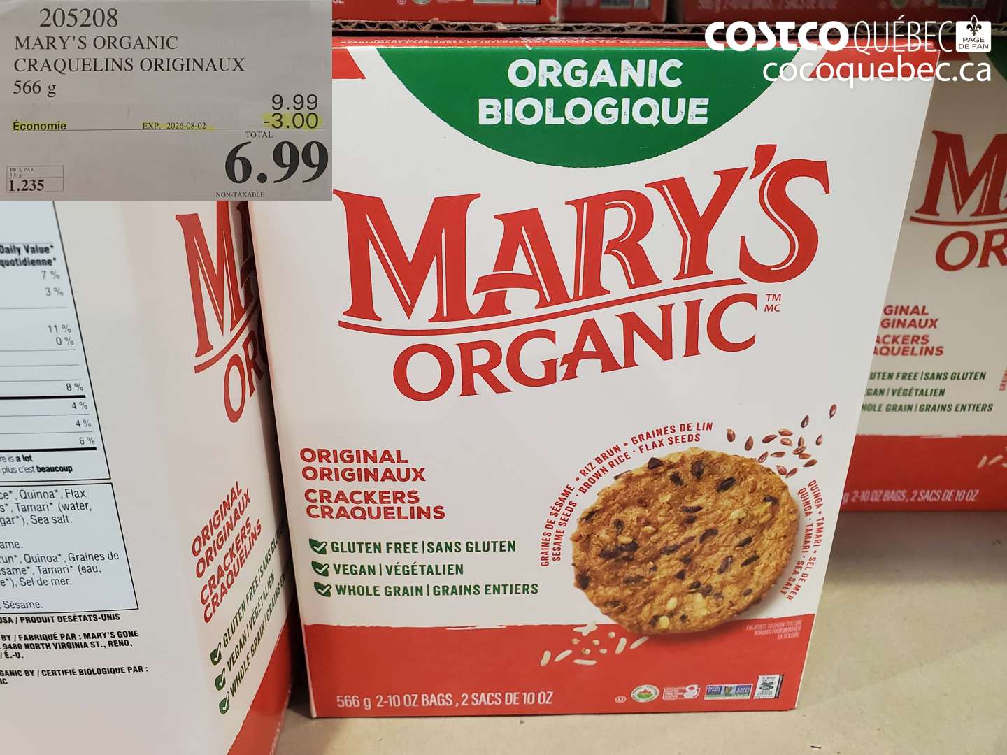 205208 MARY'S ORGANIC CRAQUELINS ORIGINAUX 566 G ($3.00 INSTANT SAVINGS EXPIRES ON 2026-08-02) $6.99