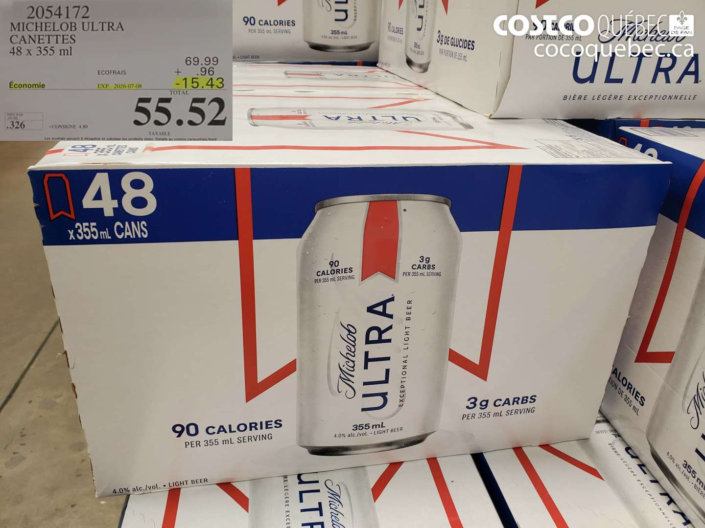 2054172 MICHELOB ULTRA CANETTES 48 X 355 ML ($15.43 INSTANT SAVINGS EXPIRES ON 2026-07-08) $55.52