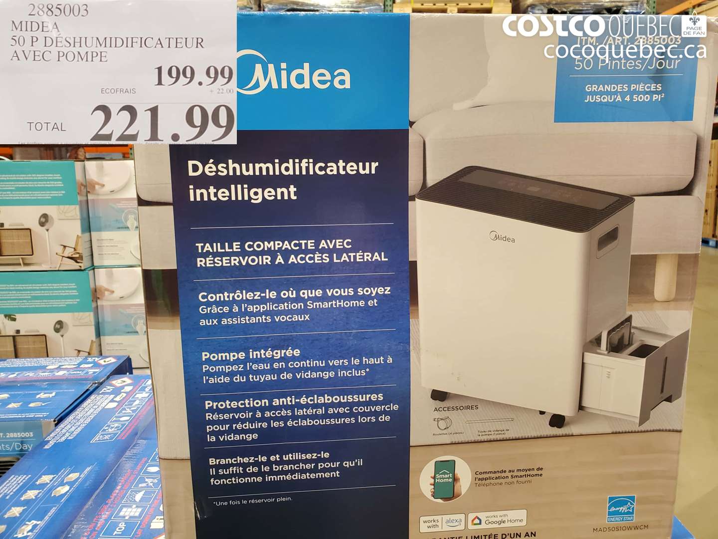 2885003 MIDEA 50 P DÉSHUMIDIFICATEUR AVEC POMPE $221.99