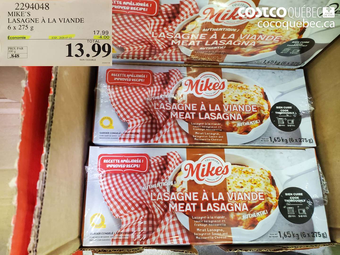 2294048 MIKE'S LASAGNE À LA VIANDE 6 X 275 G ($4.00 INSTANT SAVINGS EXPIRES ON 2026-07-12) $13.99