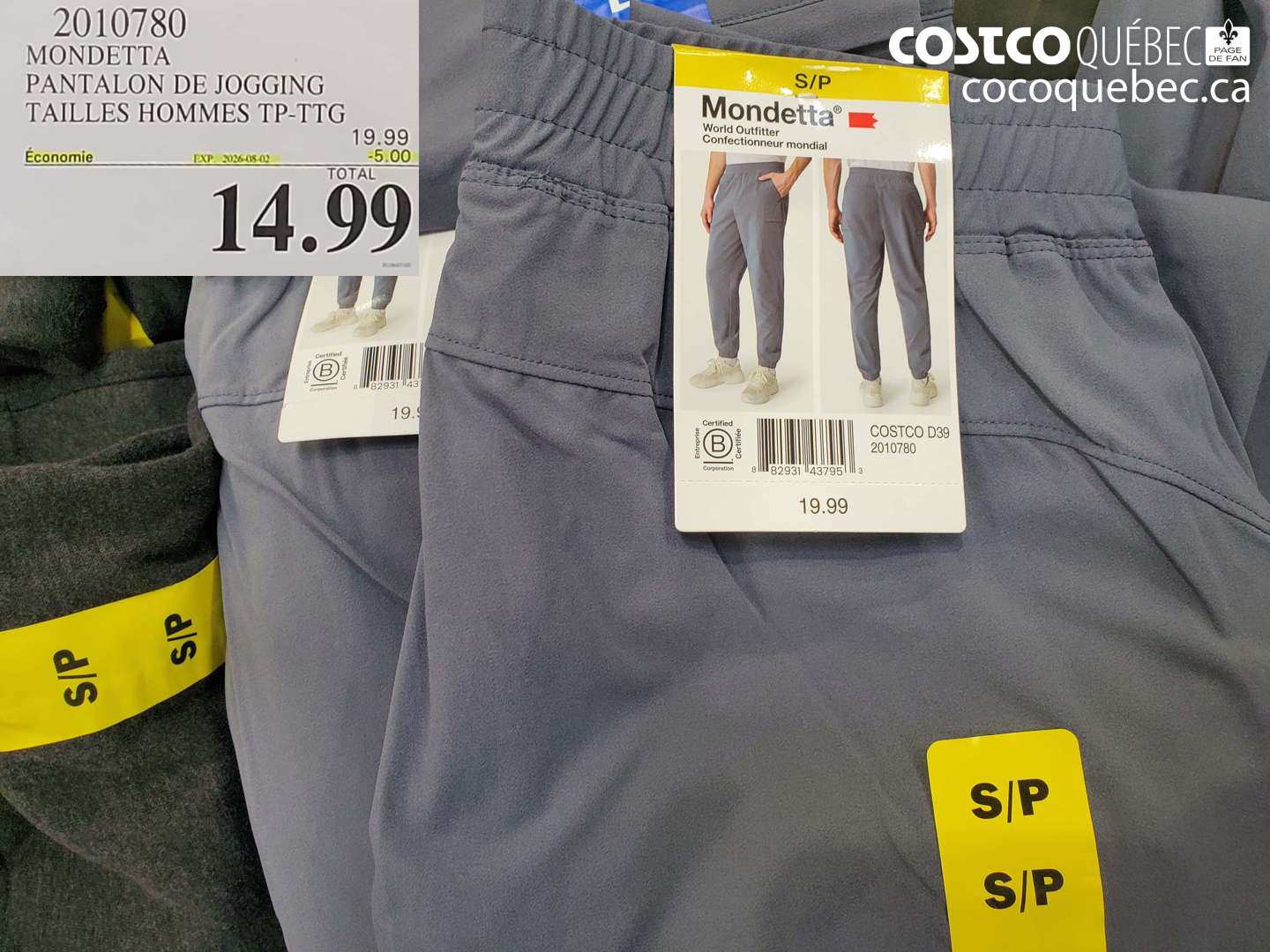 2010780 MONDETTA PANTALON DE JOGGING TAILLES HOMMES TP-TTG ($5.00 INSTANT SAVINGS EXPIRES ON 2026-08-02) $14.99