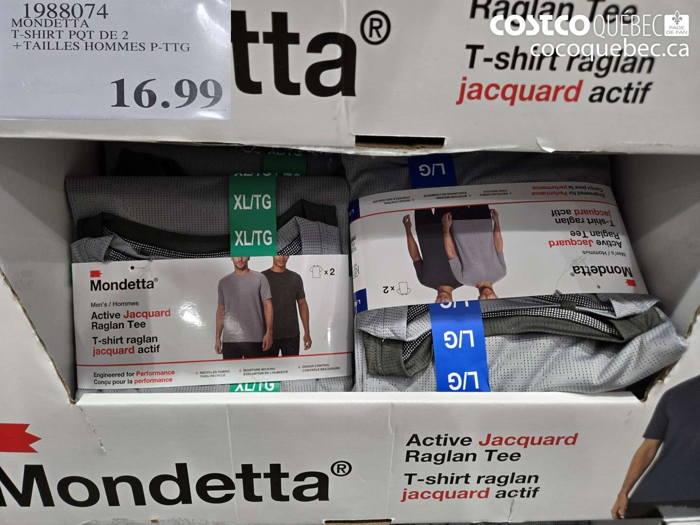 1988074 MONDETTA T-SHIRT PQT DE 2 + TAILLES HOMMES P-TTG $16.99