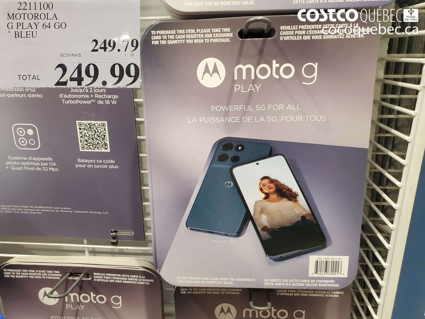 2211100 MOTOROLA G PLAY 64 GO BLEU $249.99