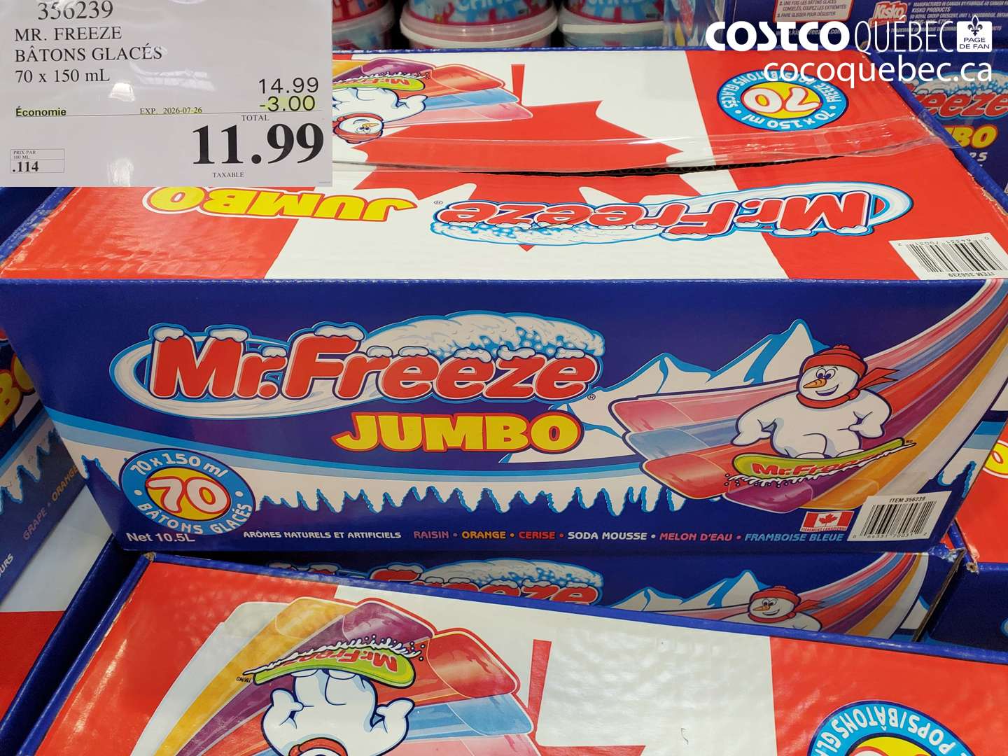 356239 MR. FREEZE BÂTONS GLACÉS 70 X 150 ML ($3.00 INSTANT SAVINGS EXPIRES ON 2026-07-26) $11.99