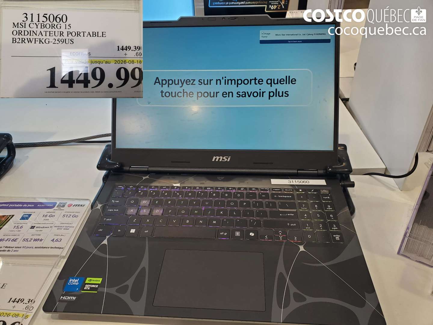 3115060 MSI CYBORG 15 ORDINATEUR PORTABLE B2RWFKG-259US (EXPIRES ON 2026-08-16) $1449.99
