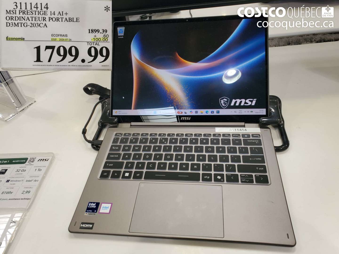 3111414 MSI PRESTIGE 14 AI+ ORDINATEUR PORTABLE D3MTG-203CA ($100.00 INSTANT SAVINGS EXPIRES ON 2026-07-26) $1799.99