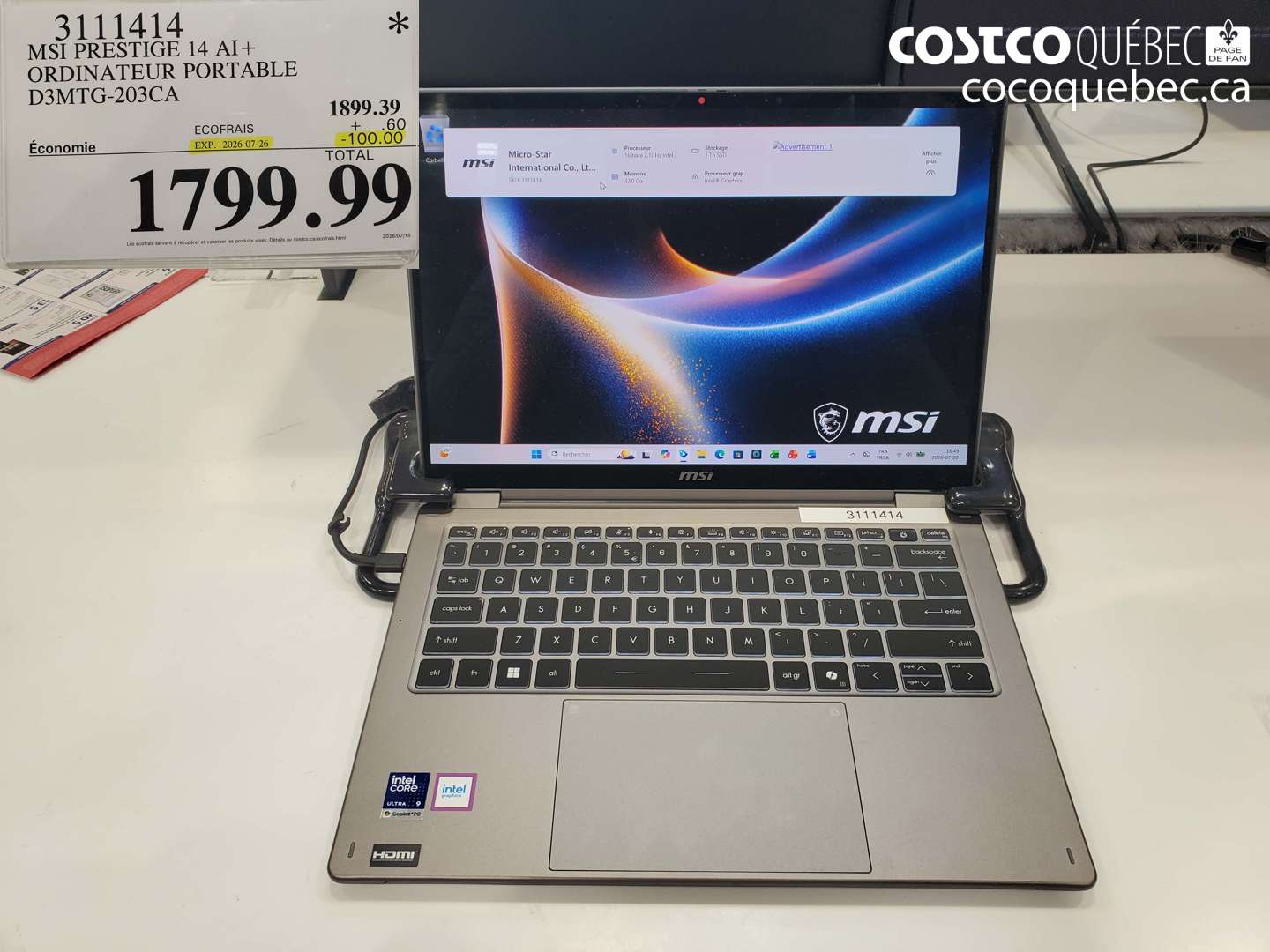 3111414 MSI PRESTIGE 14 AI+ ORDINATEUR PORTABLE D3MTG-203CA ($100.00 INSTANT SAVINGS EXPIRES ON 2026-07-26) $1799.99