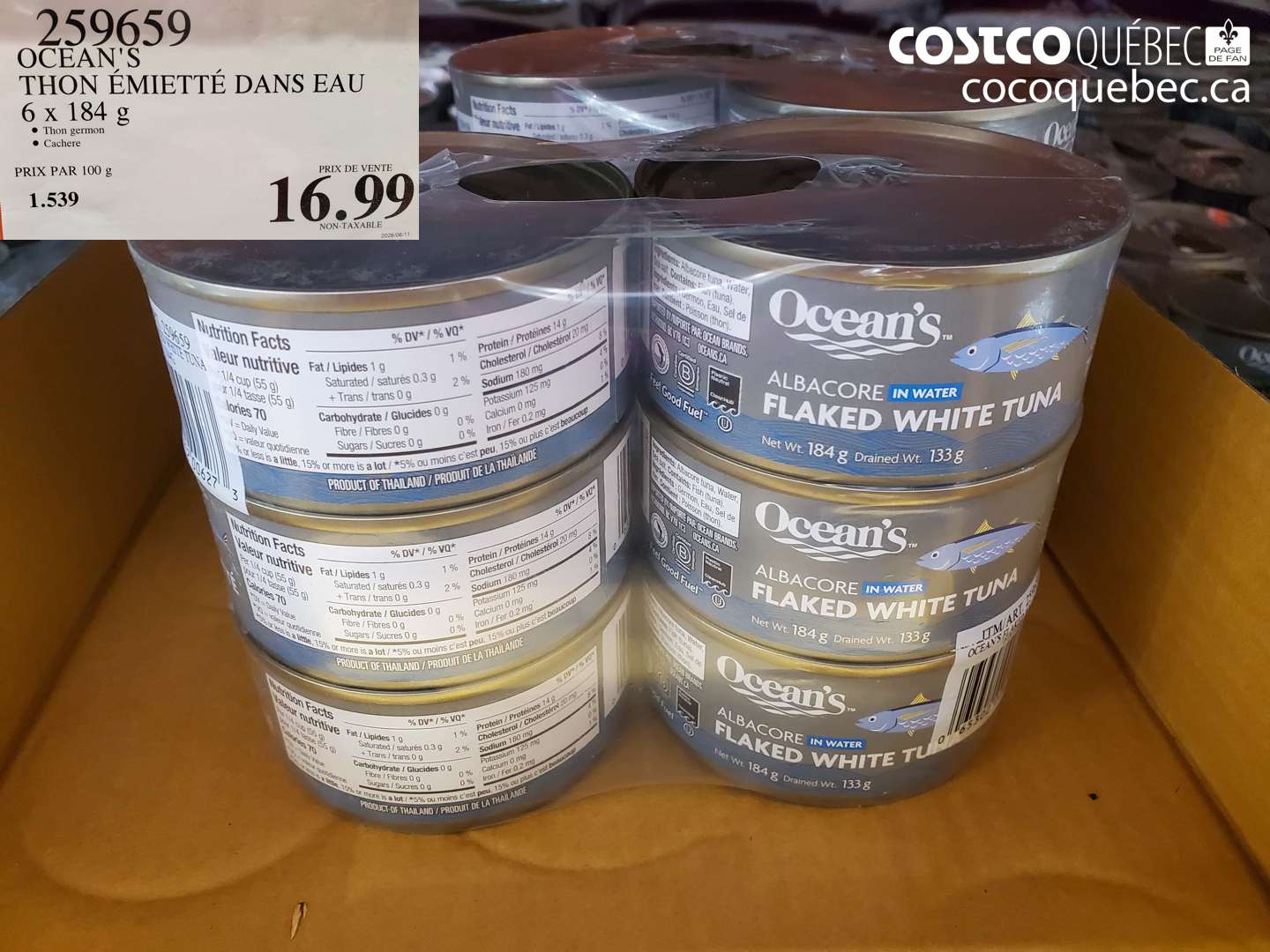 259659 OCEAN'S THON ÉMIETTÉ DANS EAU 6 X 184 G $16.99