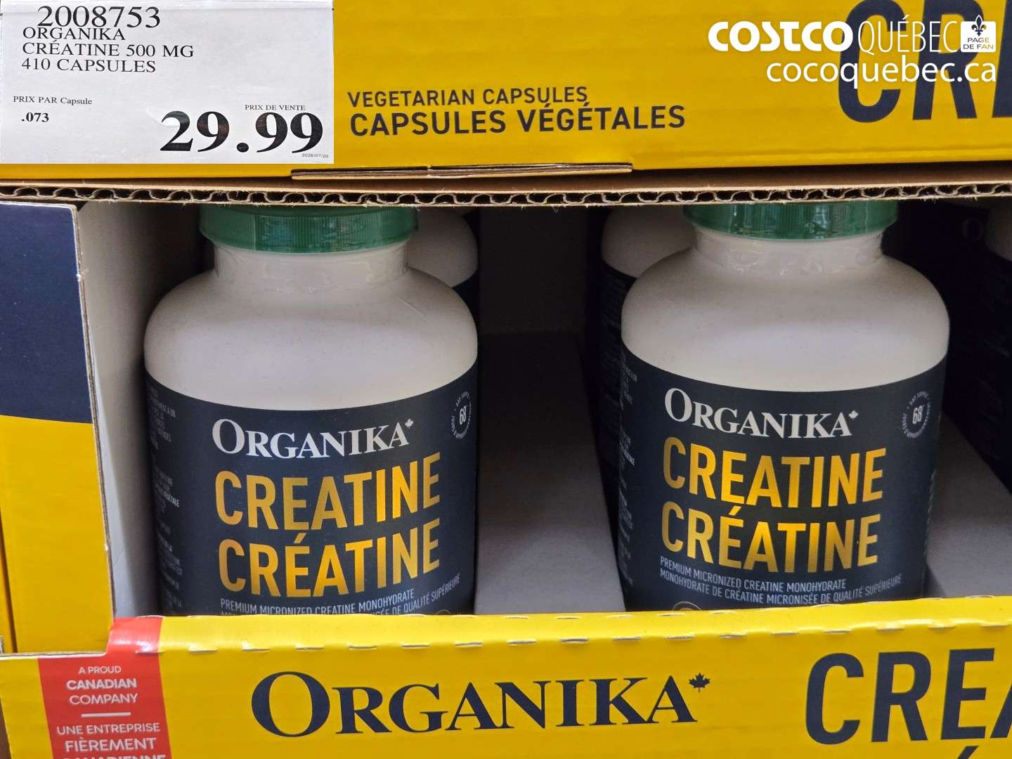 2008753 ORGANIKA CRÉATINE 500 MG 410 CAPSULES $29.99