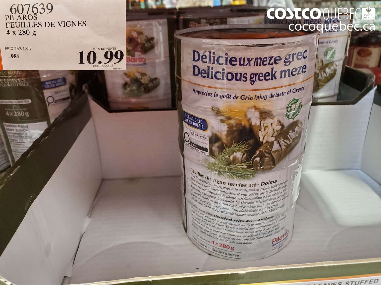 607639 PILAROS FEUILLES DE VIGNES 4 X 280 G $10.99