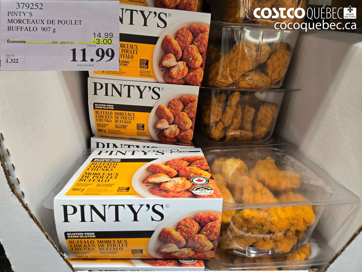 379252 PINTY'S MORCEAUX DE POULET BUFFALO 907 G ($3.00 INSTANT SAVINGS EXPIRES ON 2026-07-03) $11.99