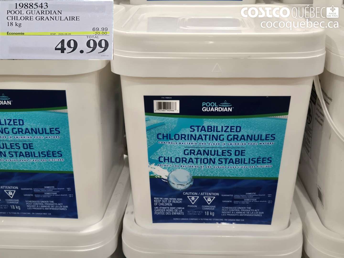 1988543 POOL GUARDIAN CHLORE GRANULAIRE 18 KG ($20.00 INSTANT SAVINGS EXPIRES ON 2026-08-09) $49.99
