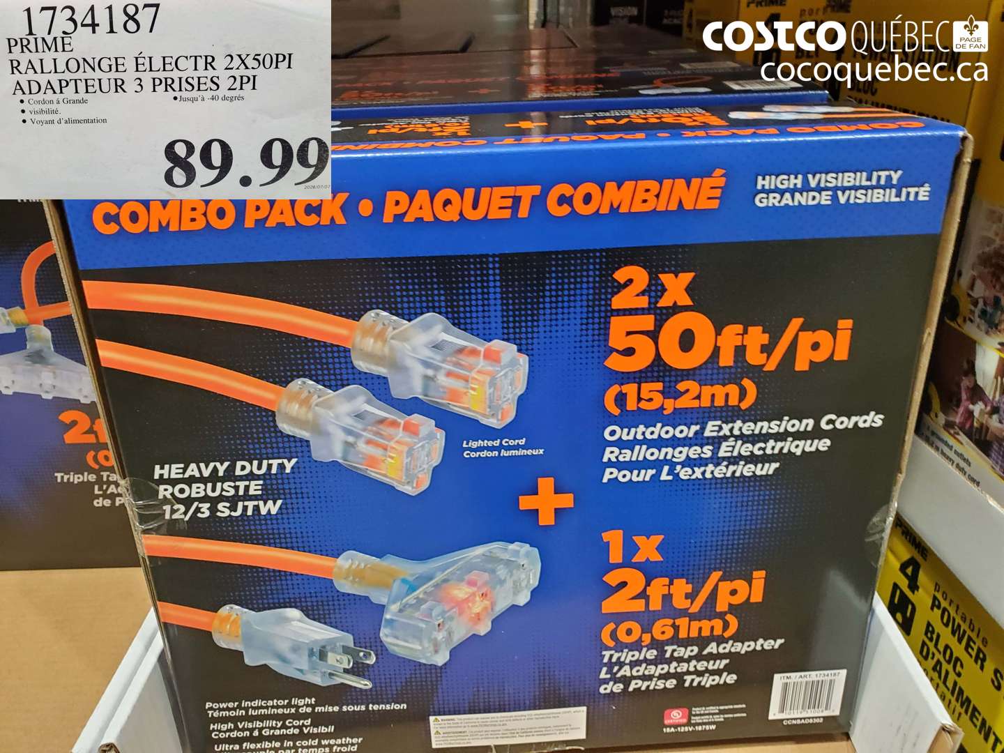 1734187 PRIME RALLONGE ÉLECTR 2X50PI ADAPTEUR 3 PRISES 2PI $89.99