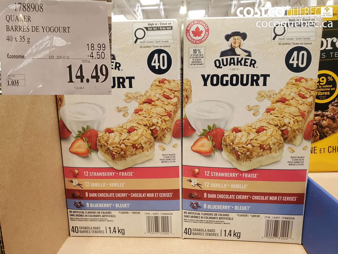 1788908 QUAKER BARRES DE YOGOURT 40 X 35 G ($4.50 INSTANT SAVINGS EXPIRES ON 2026-07-12) $14.49