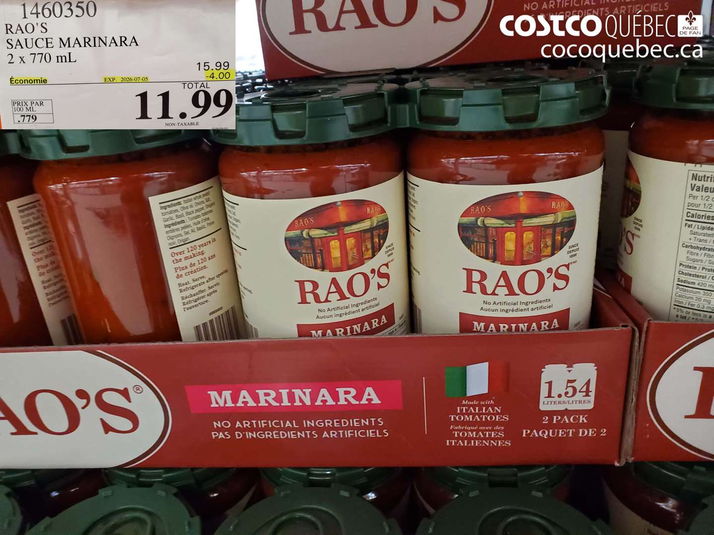 1460350 RAO'S SAUCE MARINARA 2 X 770 ML ($4.00 INSTANT SAVINGS EXPIRES ON 2026-07-05) $11.99
