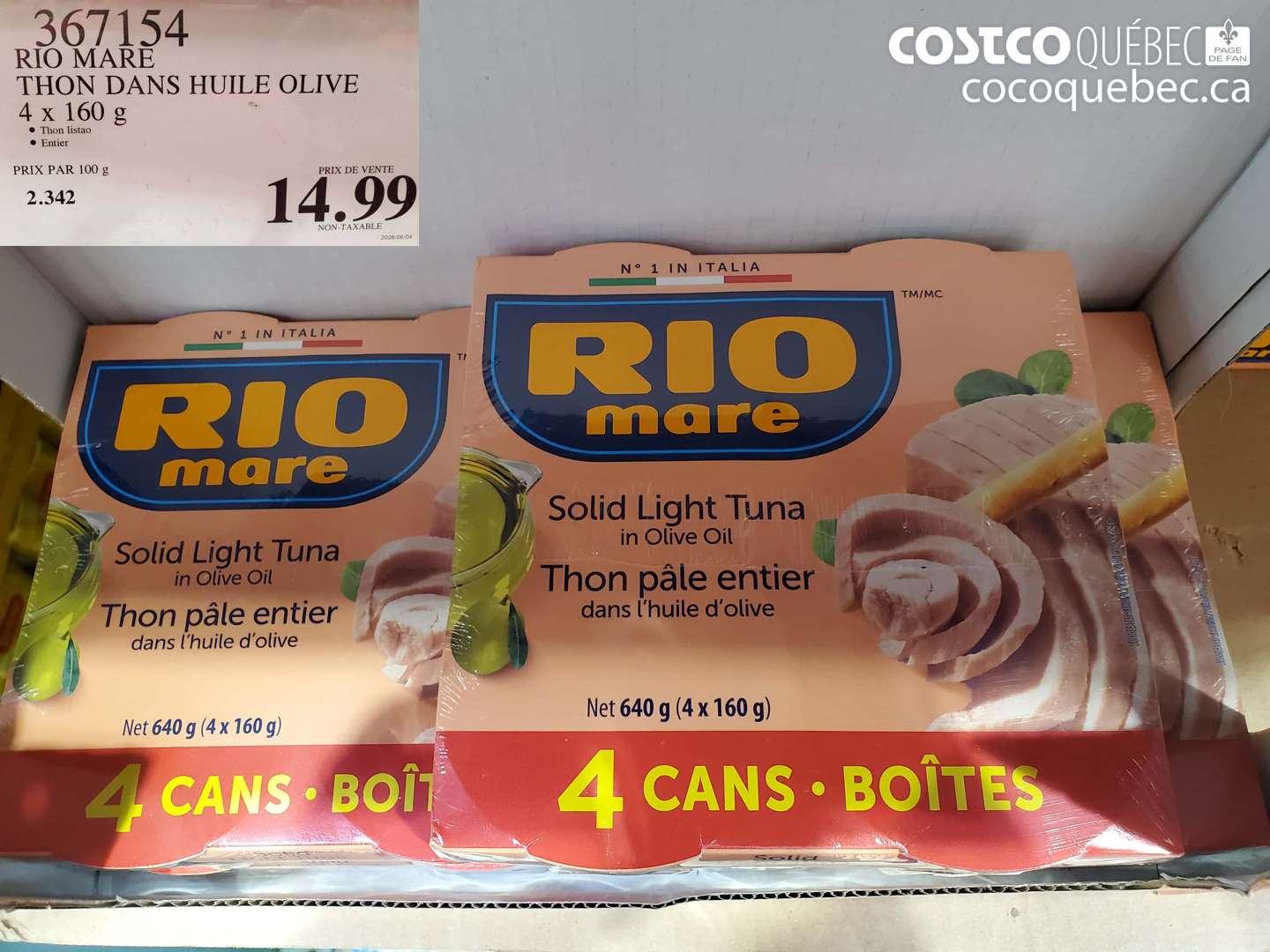 367154 RIO MARE THON DANS HUILE OLIVE 4 X 160 G $14.99