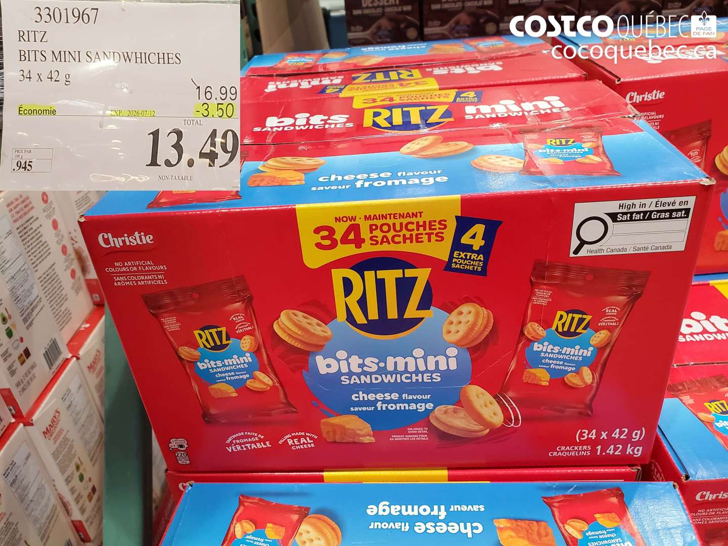 3301967 RITZ BITS MINI SANDWHICHES 34 X 42 G ($3.50 INSTANT SAVINGS EXPIRES ON 2026-07-12) $13.49