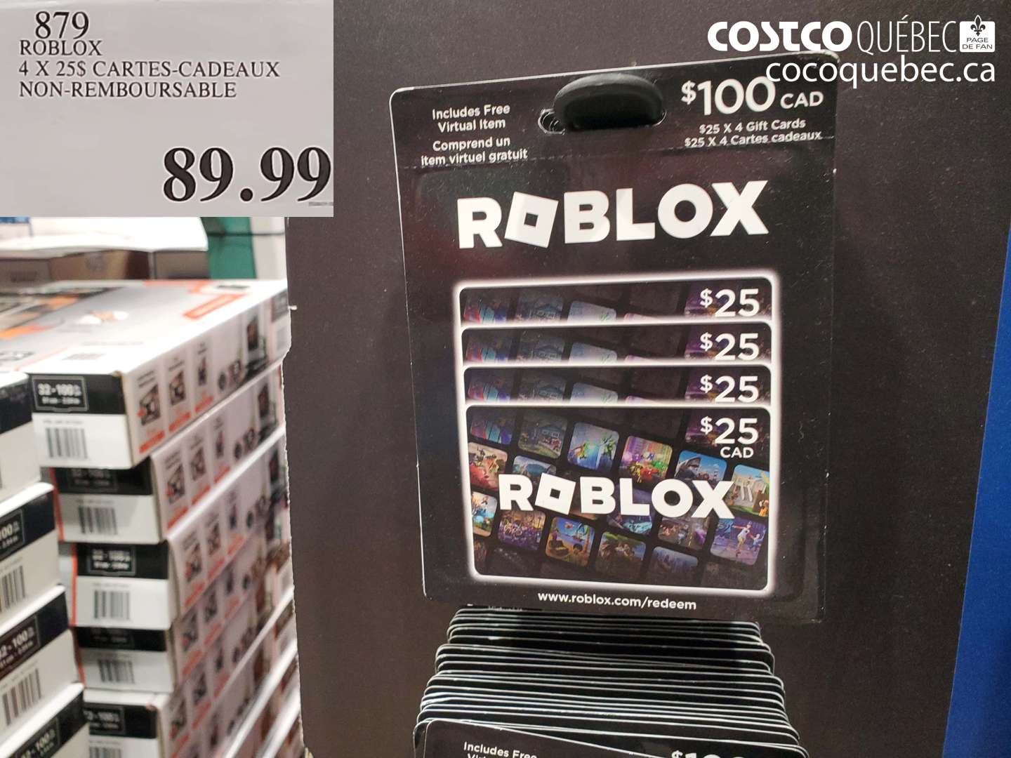 879 ROBLOX 4 X 25$ CARTES-CADEAUX NON-REMBOURSABLE $89.99