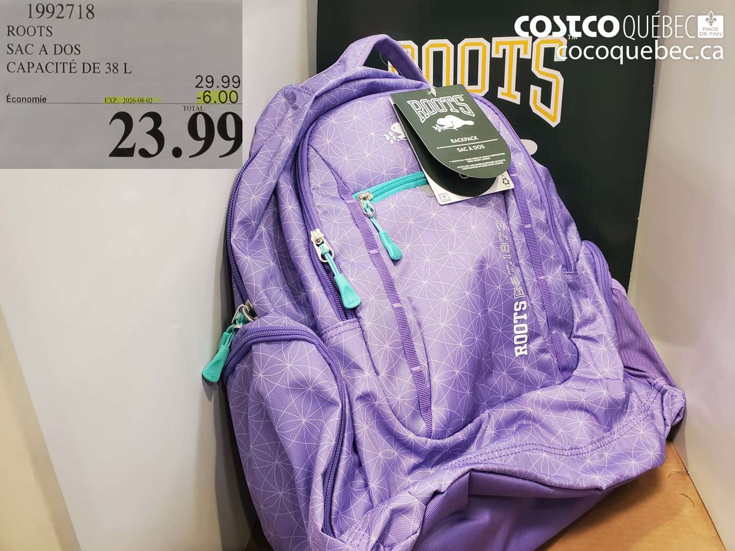 1992718 ROOTS SAC A DOS CAPACITÉ DE 38 L ($6.00 INSTANT SAVINGS EXPIRES ON 2026-08-02) $23.99