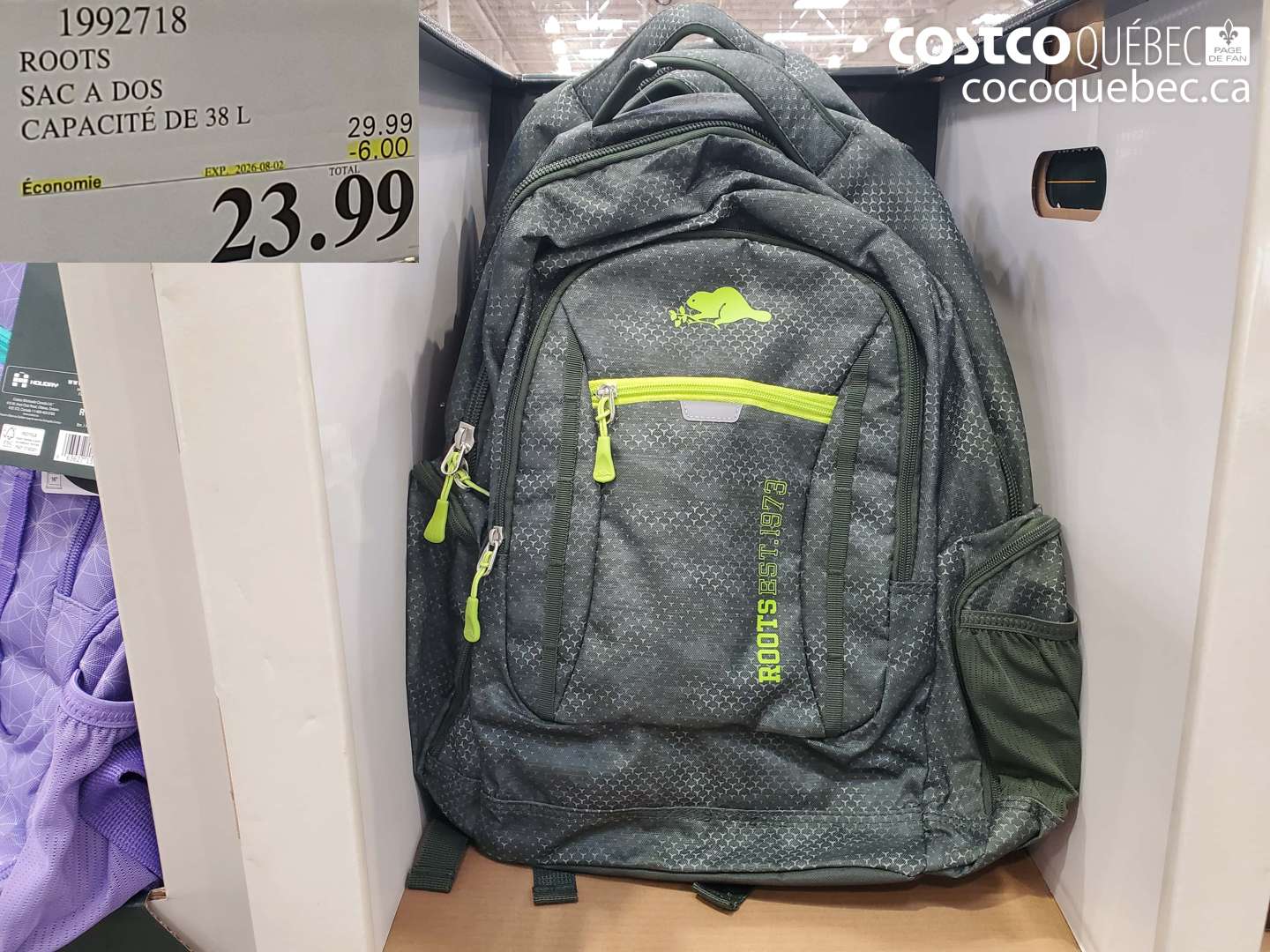 1992718 ROOTS SAC A DOS CAPACITÉ DE 38 L ($6.00 INSTANT SAVINGS EXPIRES ON 2026-08-02) $23.99