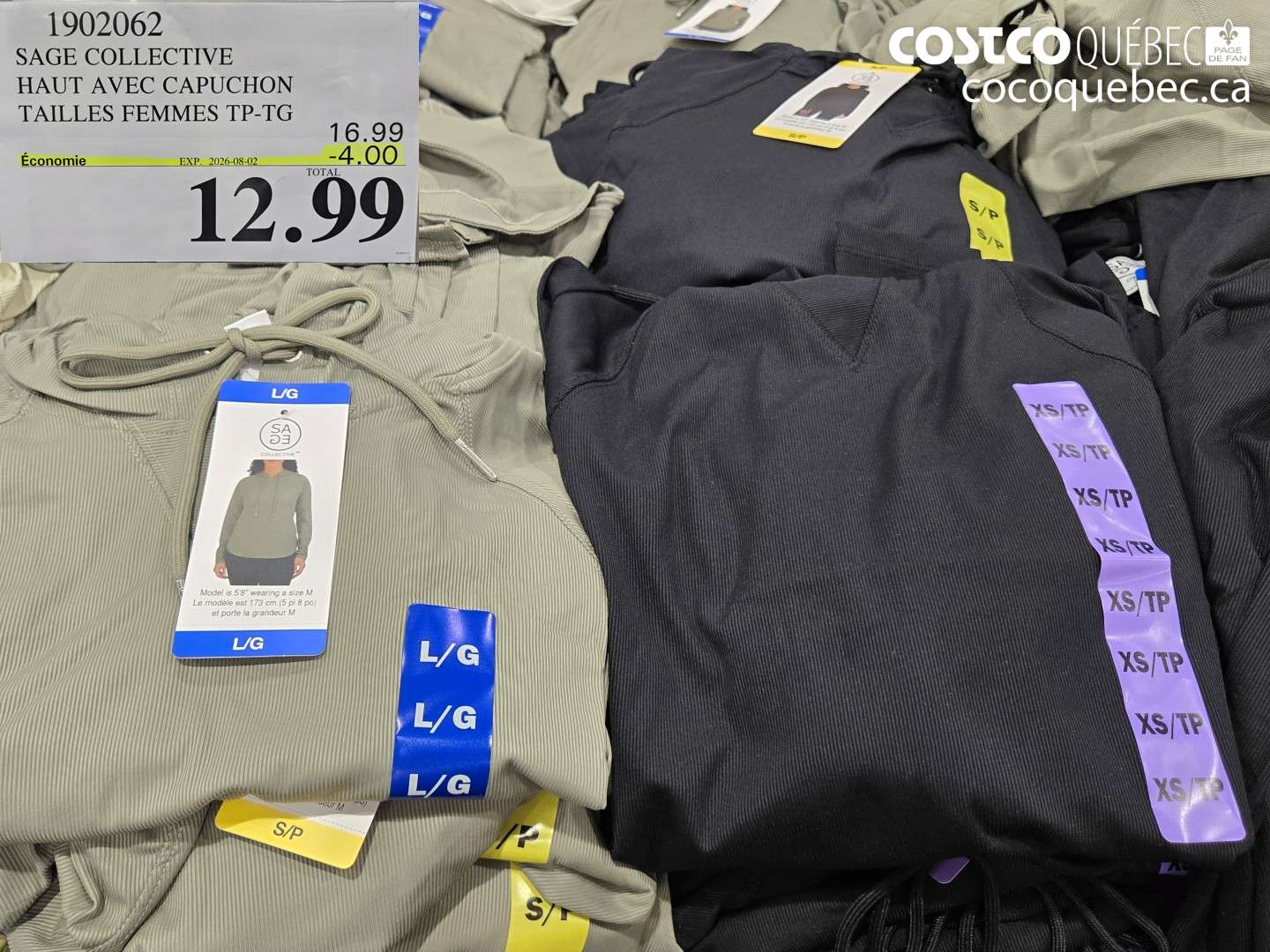1902062 SAGE COLLECTIVE HAUT AVEC CAPUCHON TAILLES FEMMES TP-TG ($4.00 INSTANT SAVINGS EXPIRES ON 2026-08-02) $12.99