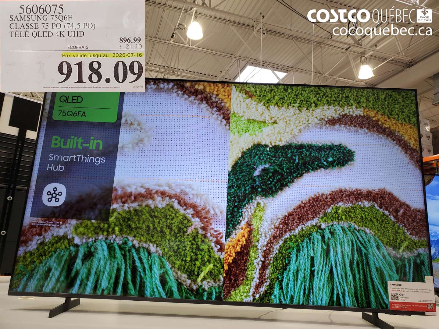 5606075 SAMSUNG 75Q6F CLASSE 75 PO (74.5 PO) TÉLÉ QLED 4K UHD (EXPIRES ON 2026-07-16) $918.09
