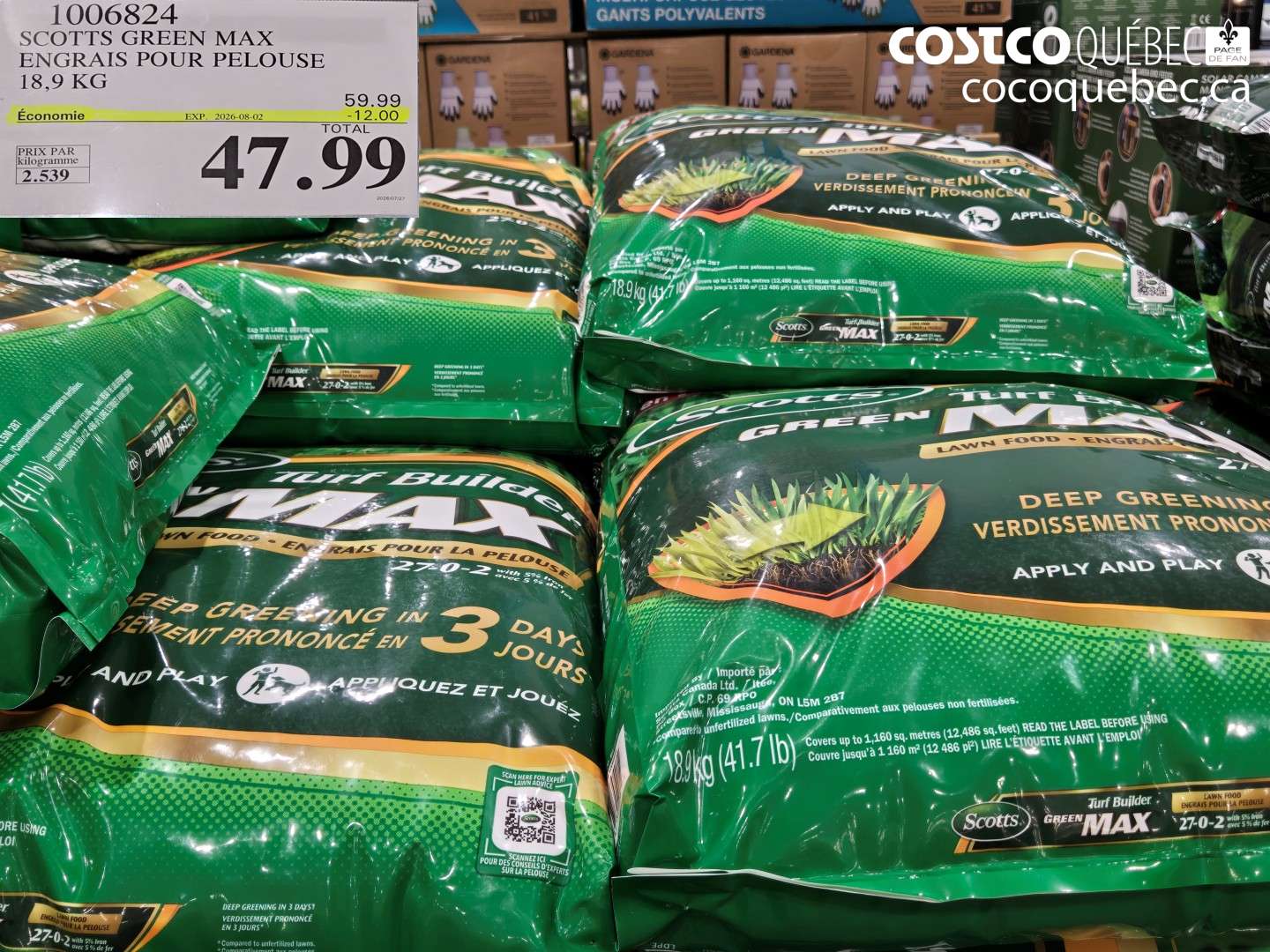 1006824 SCOTTS GREEN MAX ENGRAIS POUR PELOUSE 18.9 KG ($12.00 INSTANT SAVINGS EXPIRES ON 2026-08-02) $47.99