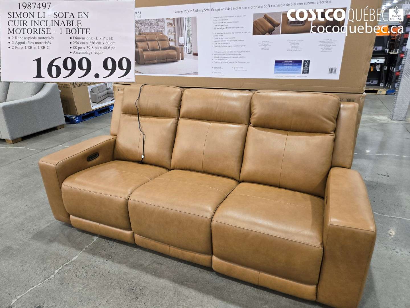 1987497 SIMON LI - SOFA EN CUIR INCLINABLE MOTORISÉ - 1 BOÎTE $1699.99