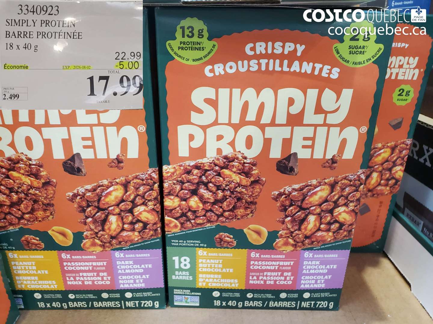 3340923 SIMPLY PROTEIN BARRE PROTÉINÉE 18 X 40 G ($5.00 INSTANT SAVINGS EXPIRES ON 2026-08-02) $17.99