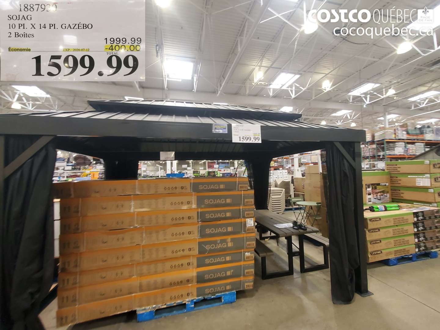 1887930 SOJAG 10 PI. X 14 PI. GAZÉBO 2 BOÎTES ($400.00 INSTANT SAVINGS EXPIRES ON 2026-07-12) $1599.99