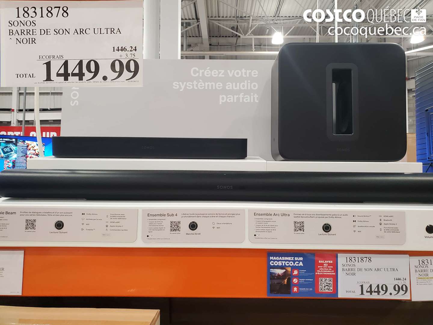 1831878 SONOS BARRE DE SON ARC ULTRA NOIR $1449.99