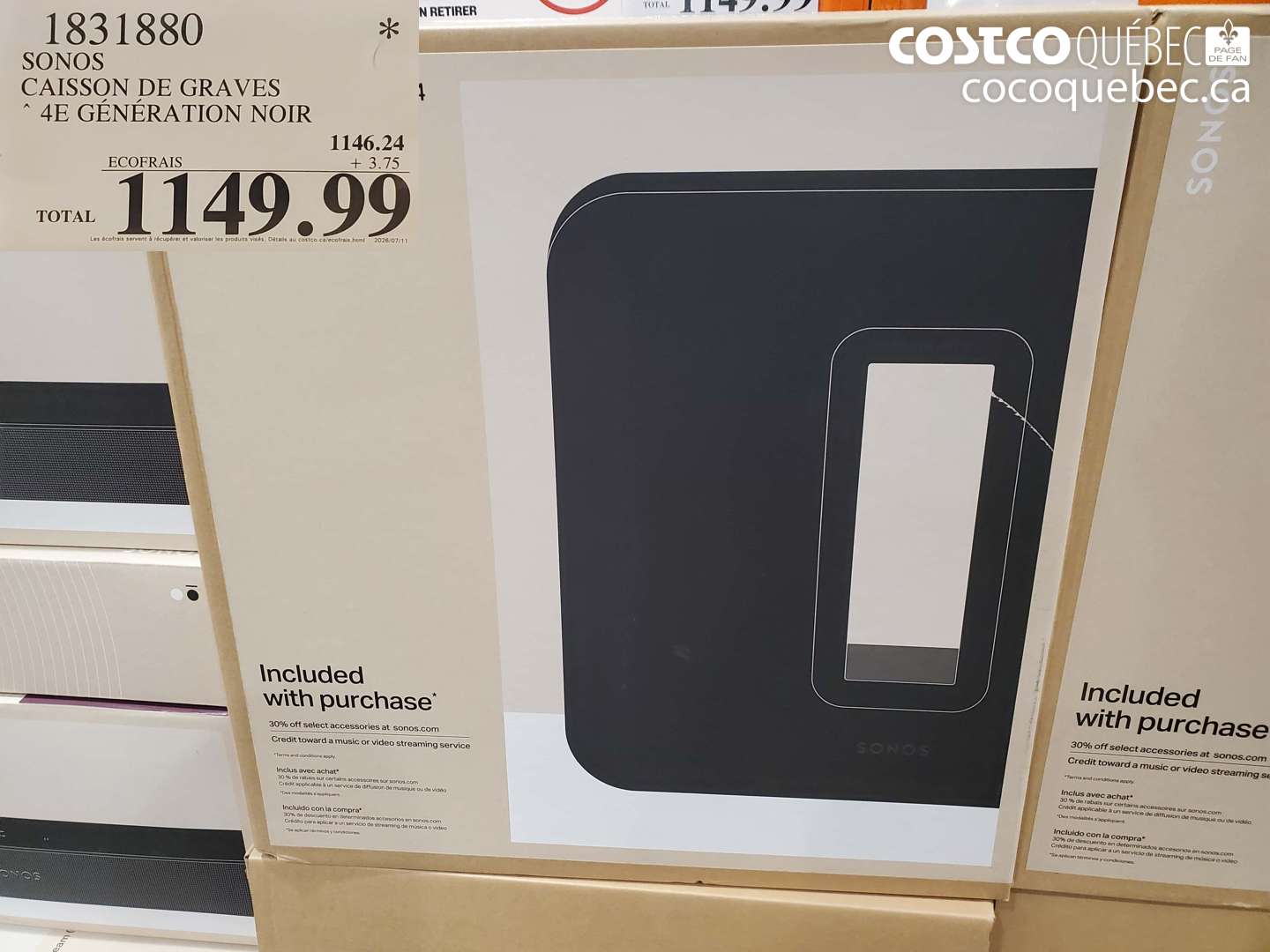 1831880 SONOS CAISSON DE GRAVES 4E GENERATION NOIR $1149.99