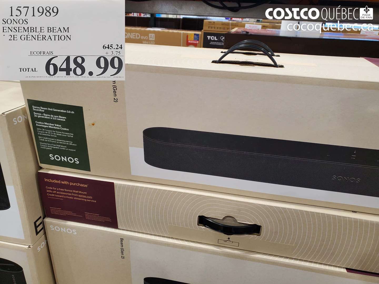 1571989 SONOS ENSEMBLE BEAM 2E GÉNÉRATION $648.99