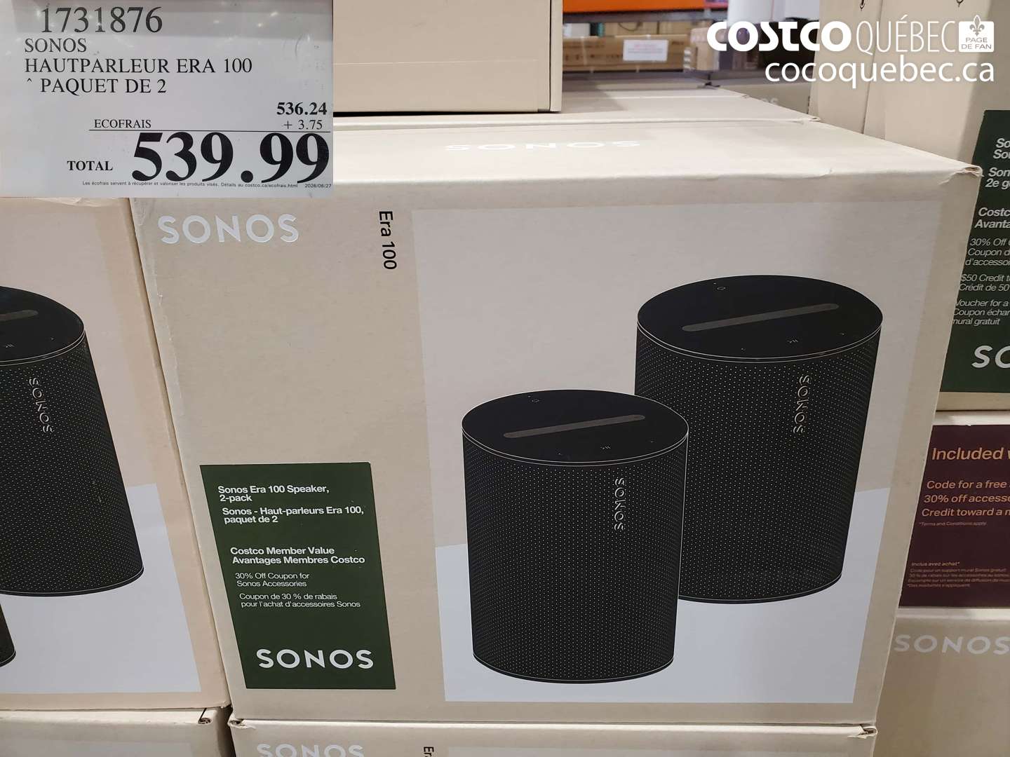 1731876 SONOS HAUTPARLEUR ERA 100 PAQUET DE 2 $539.99