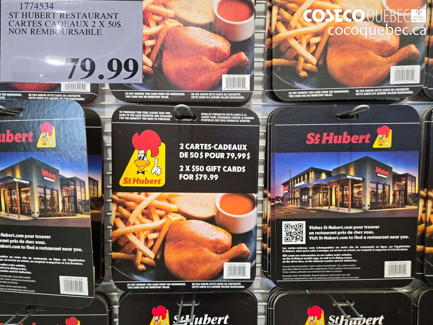 1774534 ST HUBERT RESTAURANT CARTES CADEAUX 2 X 50$ NON REMBOURSABLE $79.99