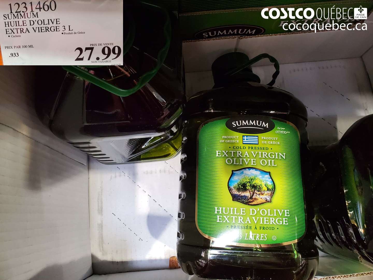 1231460 SUMMUM HUILE D'OLIVE EXTRA VIERGE 3 L $27.99