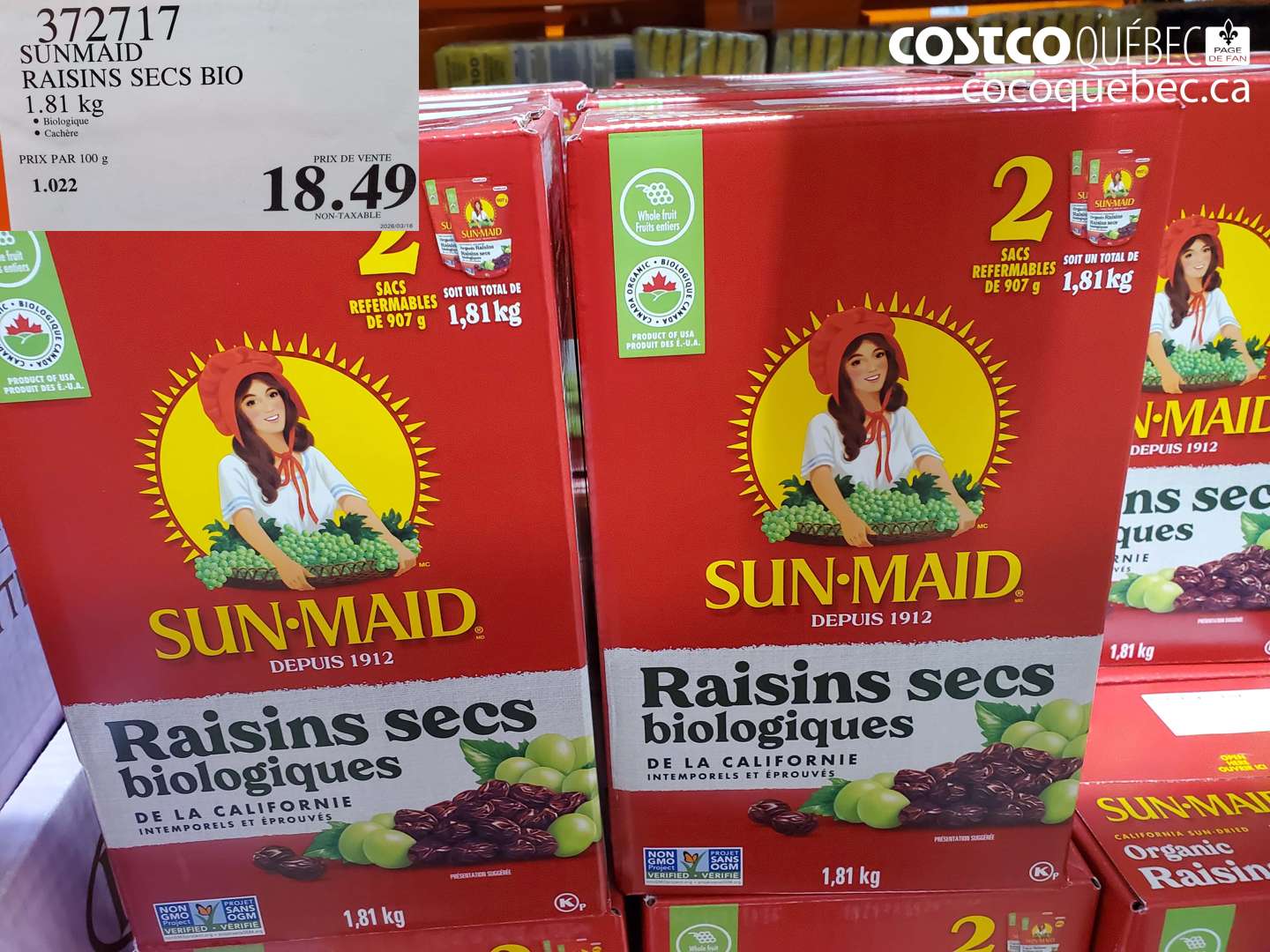 372717 SUNMAID RAISINS SECS BIO 1.81 KG $18.49