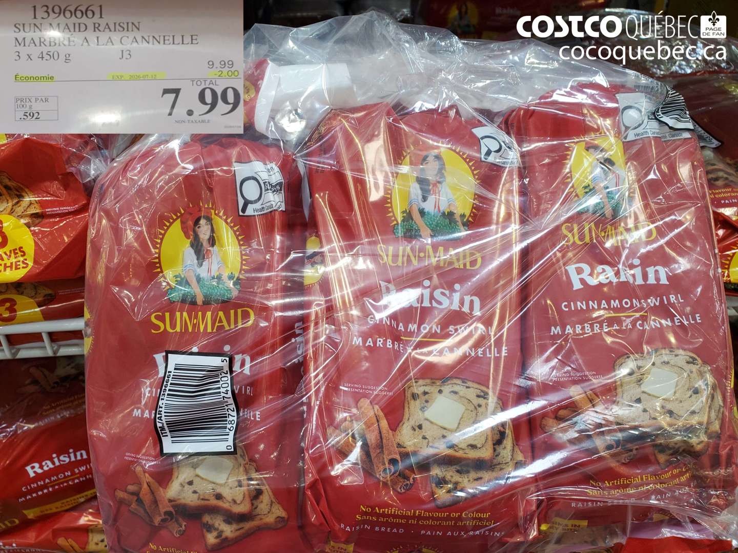 1396661 SUN-MAID RAISIN MARBRE A LA CANNELLE 3 X 450 G ($2.00 INSTANT SAVINGS EXPIRES ON 2026-07-12) $7.99
