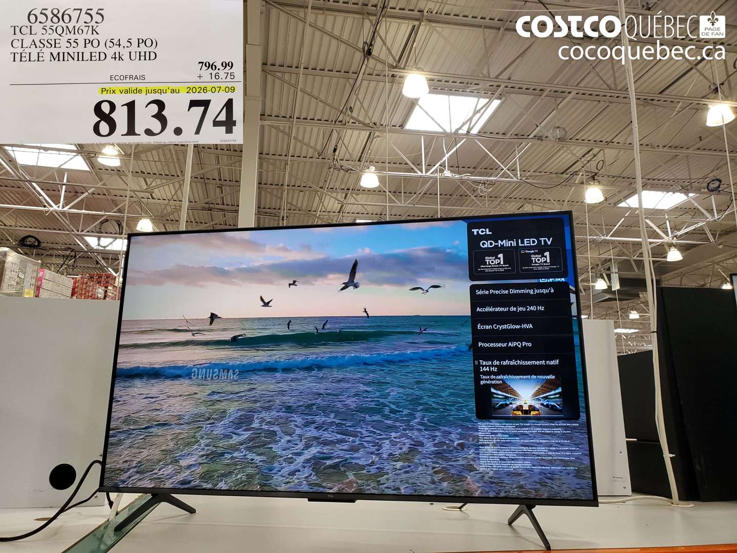 6586755 TCL 55QM67K CLASSE 55 PO (54.5 PO) TÉLÉ MINILED 4K UHD (EXPIRES ON 2026-07-09) $813.74