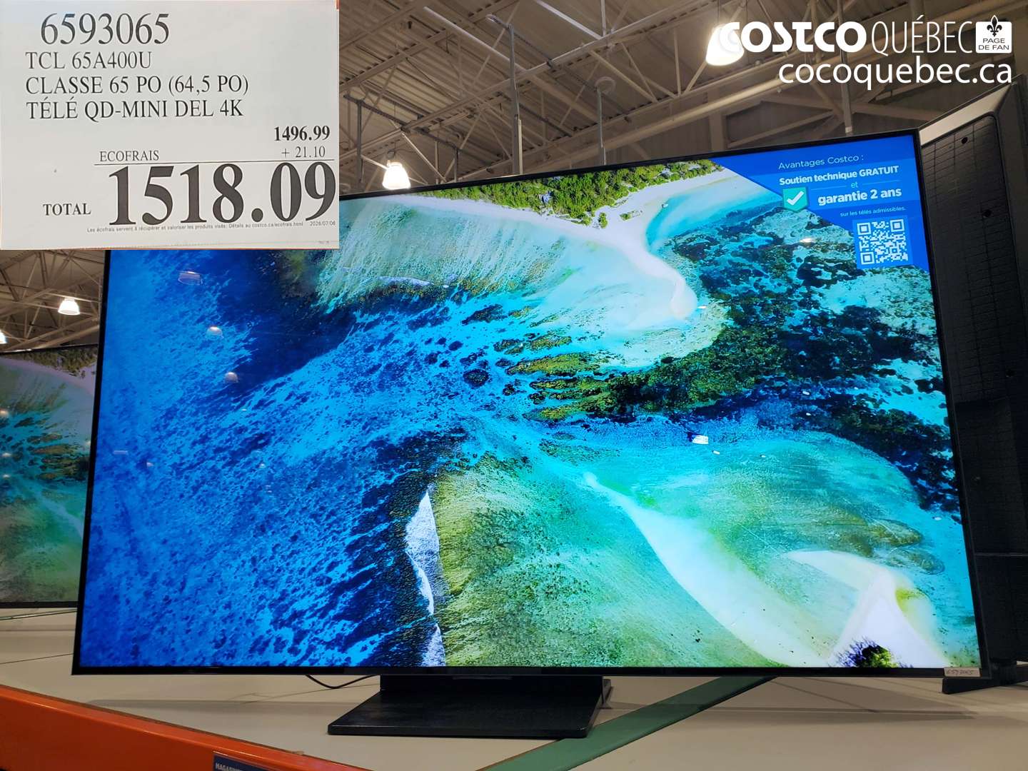 6593065 TCL 65A400U CLASSE 65 PO (64.5 PO) TÉLÉ QD-MINI DEL 4K $1518.09