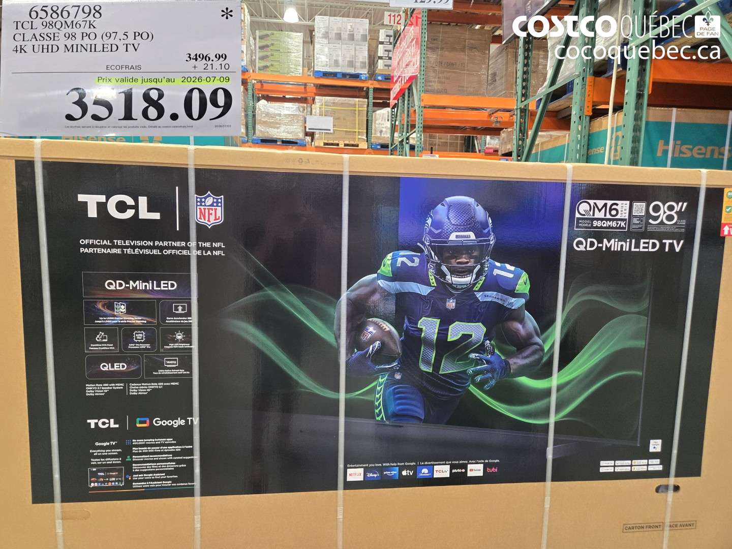 6586798 TCL 98QM67K CLASSE 98 PO (97.5 PO) 4K UHD MINILED TV (EXPIRES ON 2026-07-09) $3518.09