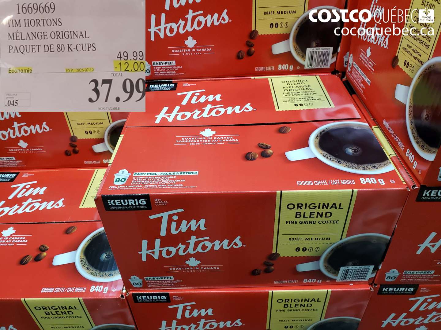 1669669 TIM HORTONS MÉLANGE ORIGINAL PAQUET DE 80 K-CUPS ($12.00 INSTANT SAVINGS EXPIRES ON 2026-07-19) $37.99
