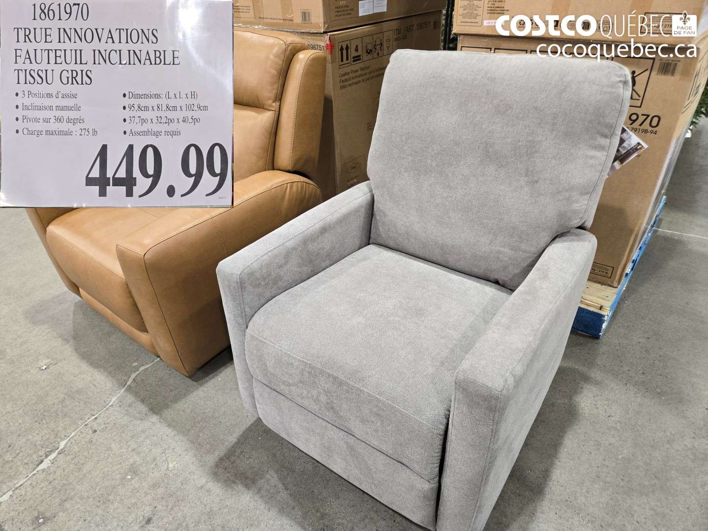 1861970 TRUE INNOVATIONS FAUTEUIL INCLINABLE TISSU GRIS $449.99